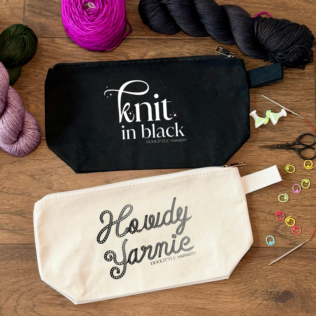 Live Dangerously, Knit in Black Zipper Pouch Project Bag