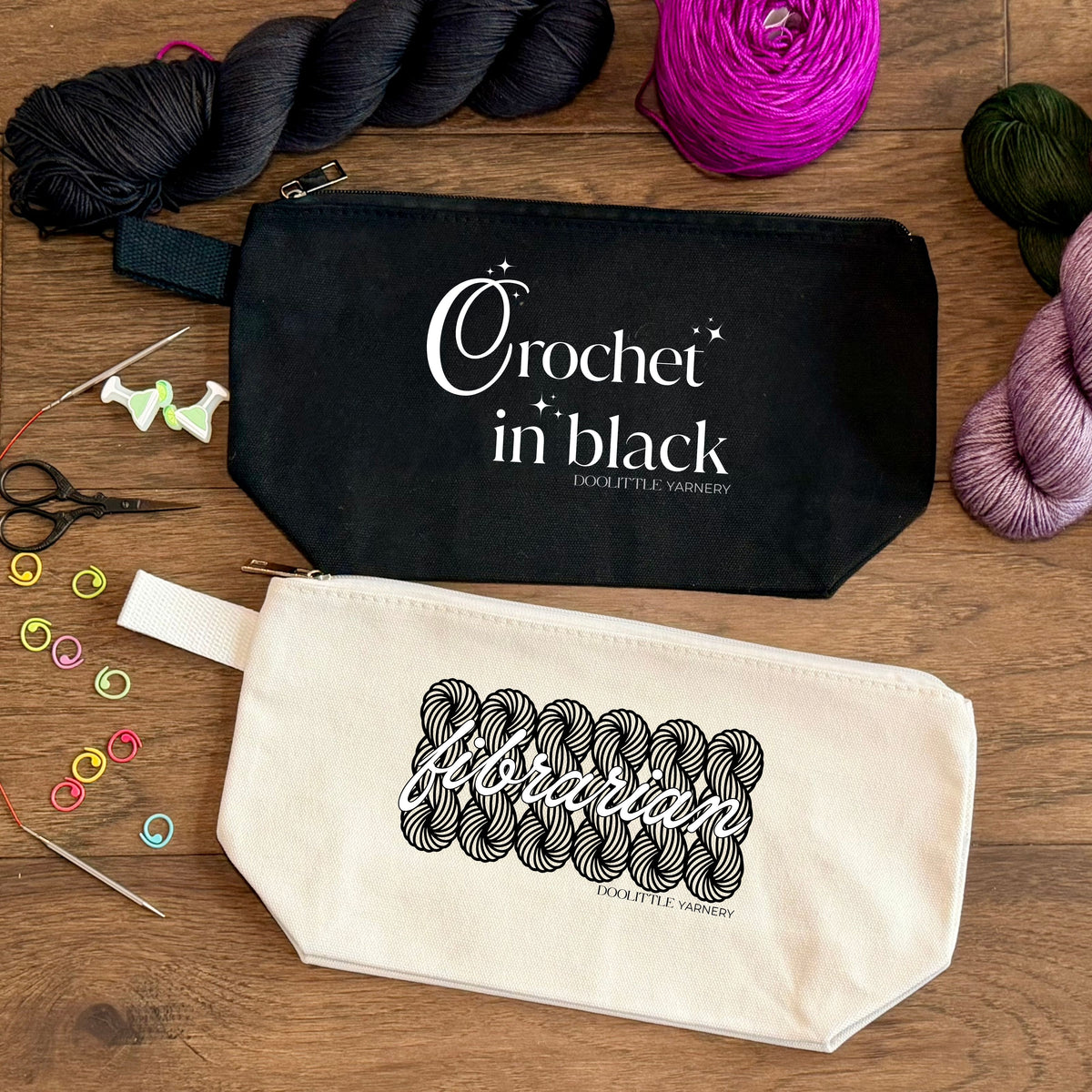 Live Dangerously, Crochet in Black Zipper Pouch Project Bag